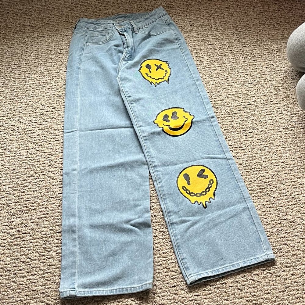 Shein Girl's Denim Smiley Face Jeans